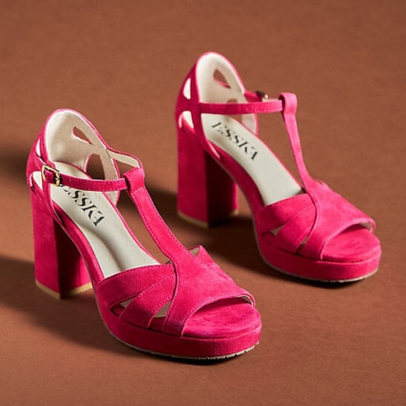 New Esska Anthropologie Valerie 10 Fuchsia T-Strap Suede Leather Platform Heels - Picture 5 of 6